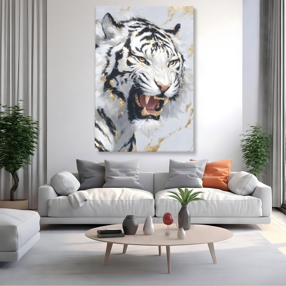 Tablou canvas cu tablou canvas cu tigru alb si auriu, fara rama, pe sasiu de lemn, pe perete intr-un living